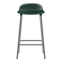 Green plastic bar stool with a sleek silver metal frame, featuring a smooth, simple design.