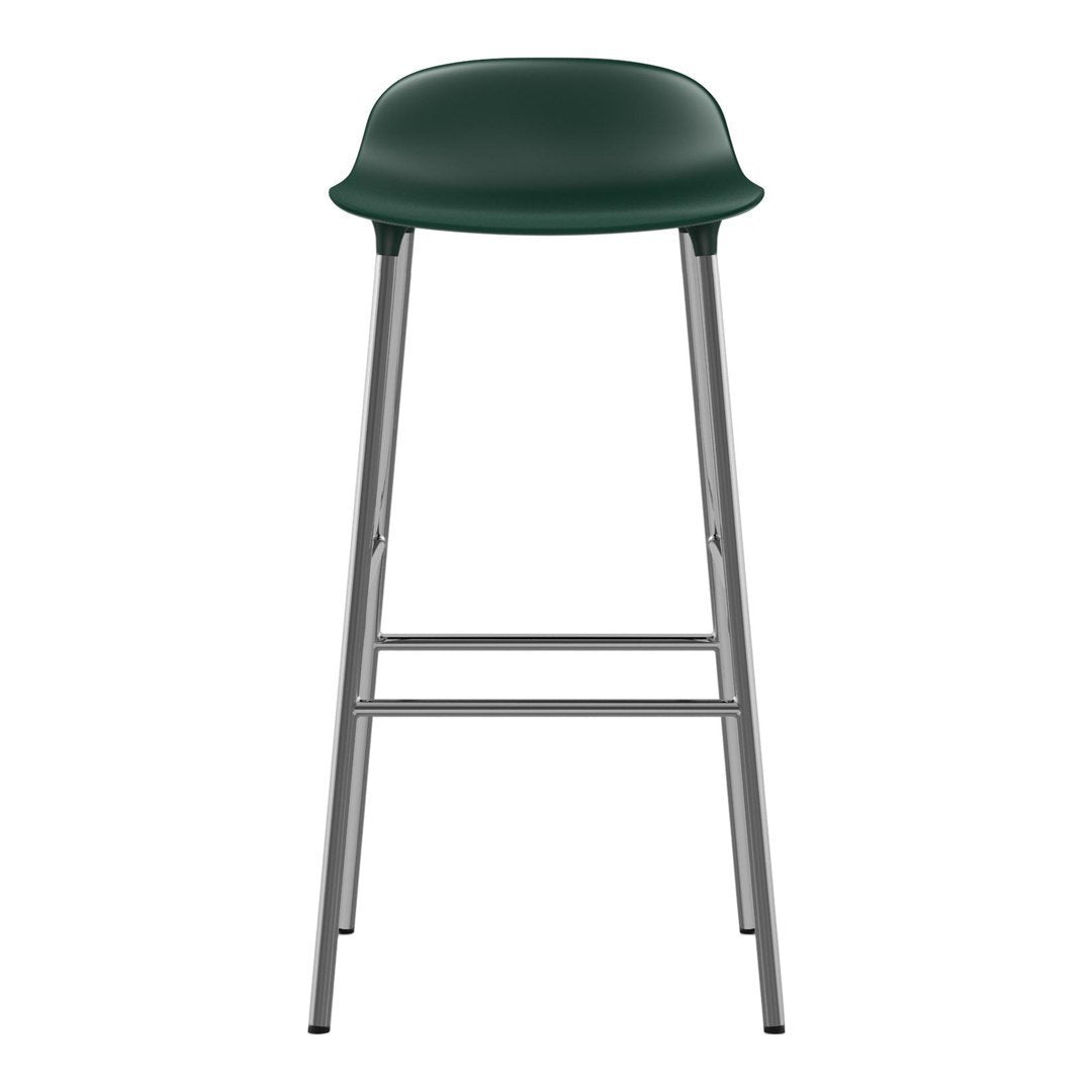 Green bar stool with a smooth, rounded seat and sleek silver legs, perfect for modern decor.