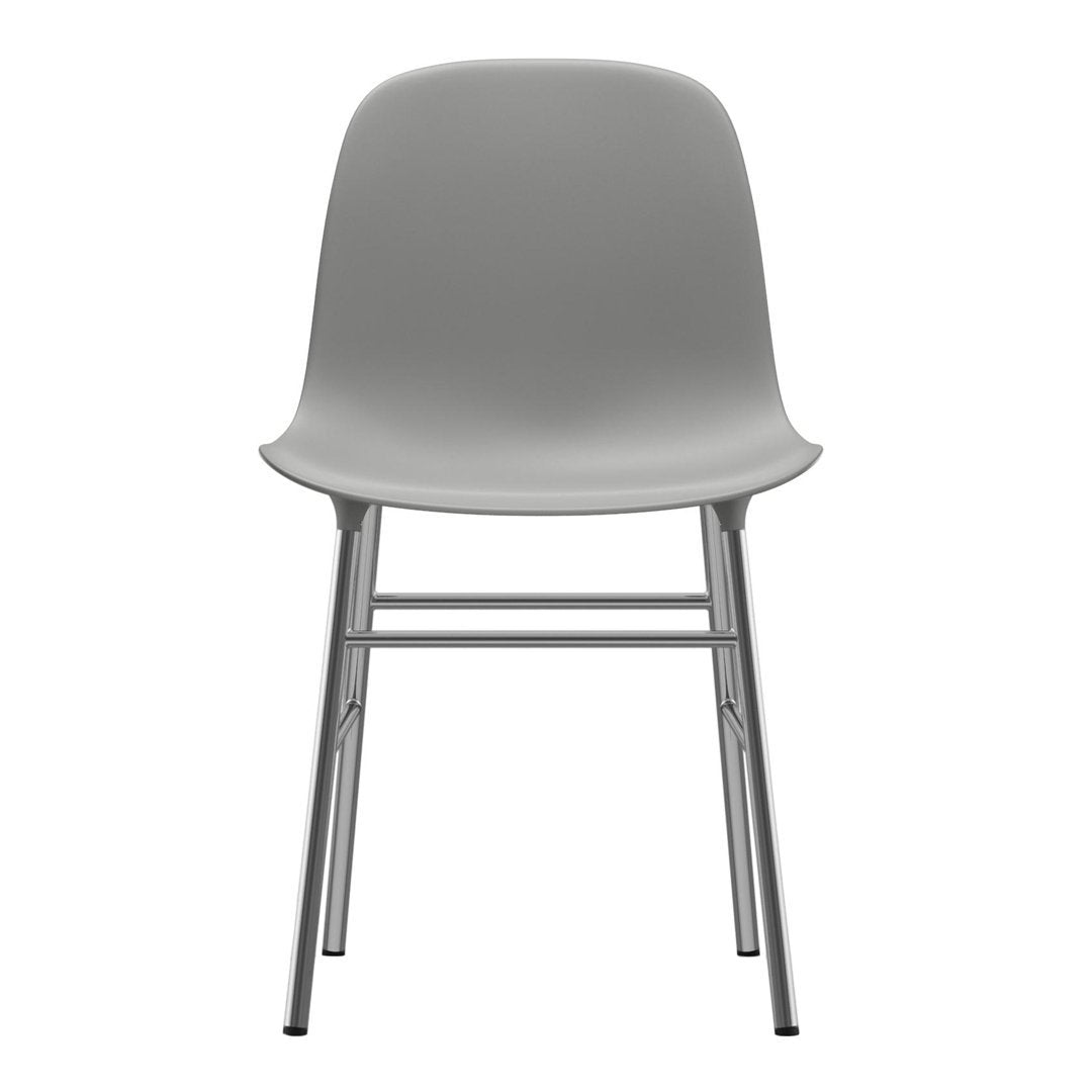 Gray plastic chair with sleek design and silver metal legs, perfect for modern decor. 