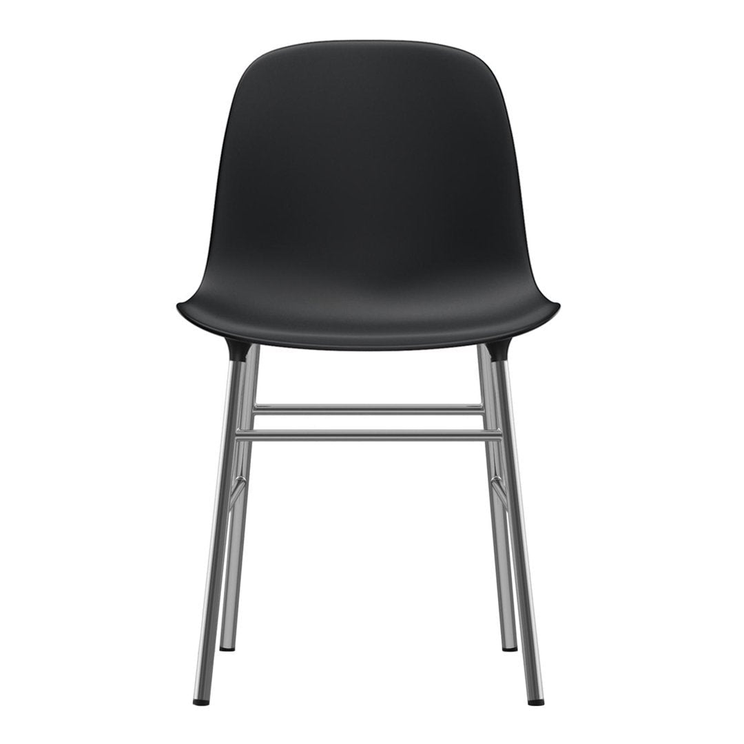Sleek black plastic chair with minimalist design and silver metal legs, perfect for modern decor.