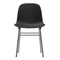 Sleek black plastic chair with minimalist design and silver metal legs, perfect for modern decor.