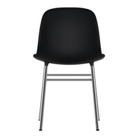 Black plastic chair with a smooth finish and sleek silver metal legs. Minimalist design for modern decor.