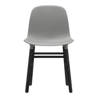 Gray plastic chair with a smooth finish and black wooden legs, featuring a minimalist design and a modern aesthetic.