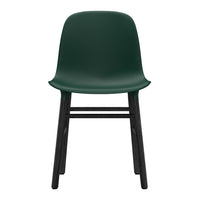 Green plastic chair with a smooth finish and sleek black wooden legs. Modern, minimalist design.