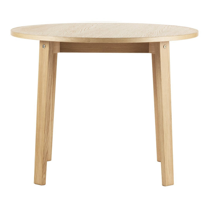 Natural light wood round table with a smooth surface and minimalist design, featuring simple, clean lines.