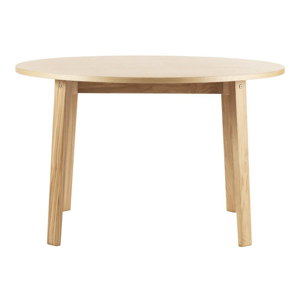Round wooden table with a smooth natural finish and light beige legs, showcasing a minimalist design.