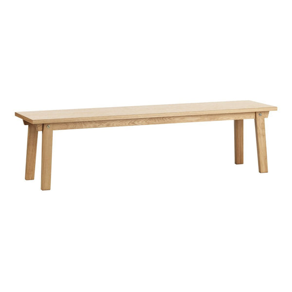 Natural wood bench with a light oak finish, featuring a simple, clean design and smooth surface.