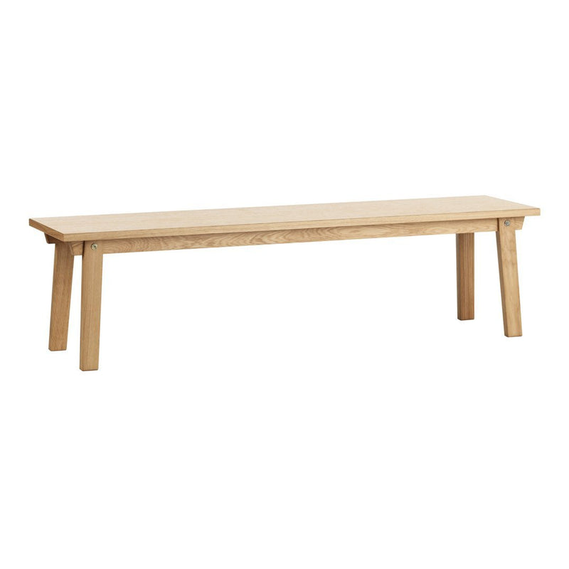 Natural wood bench with a light oak finish, featuring a simple, clean design and smooth surface.