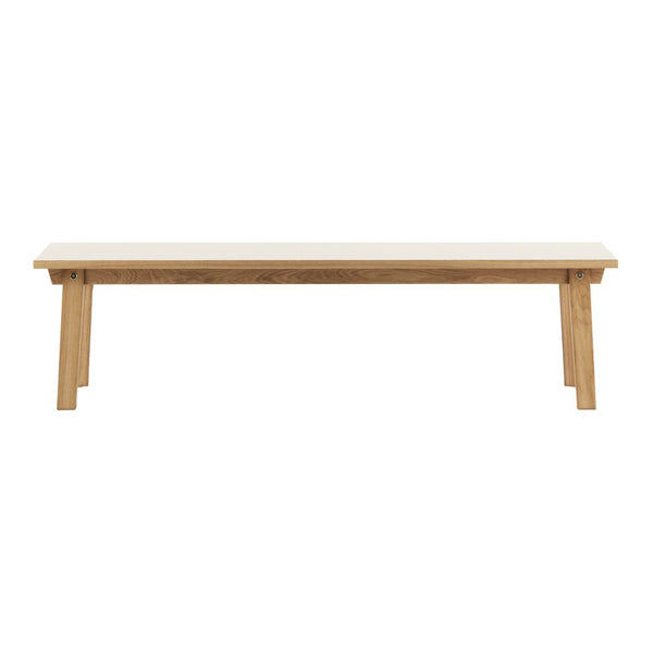 Natural wood bench with a light beige top and sturdy, warm-toned wooden legs. Simple and elegant design.