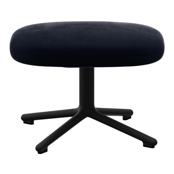 Navy blue velvet stool with a sleek black metal base, featuring a minimalist rounded design.