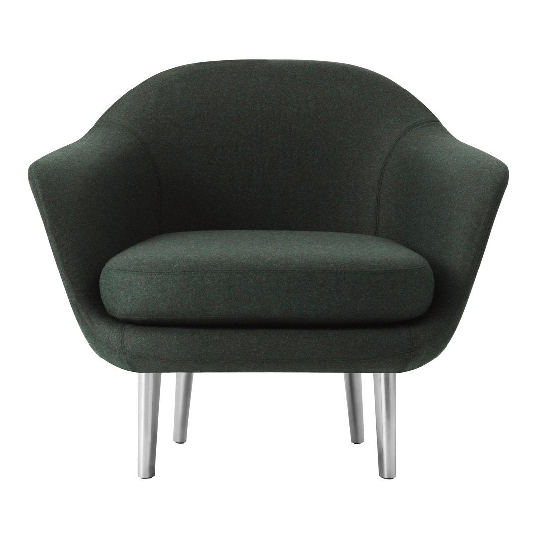 Dark green upholstered chair with smooth, rounded design and sleek silver legs. Perfect for contemporary decor.