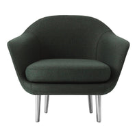 Dark green upholstered chair with smooth, rounded design and sleek silver legs. Perfect for contemporary decor.
