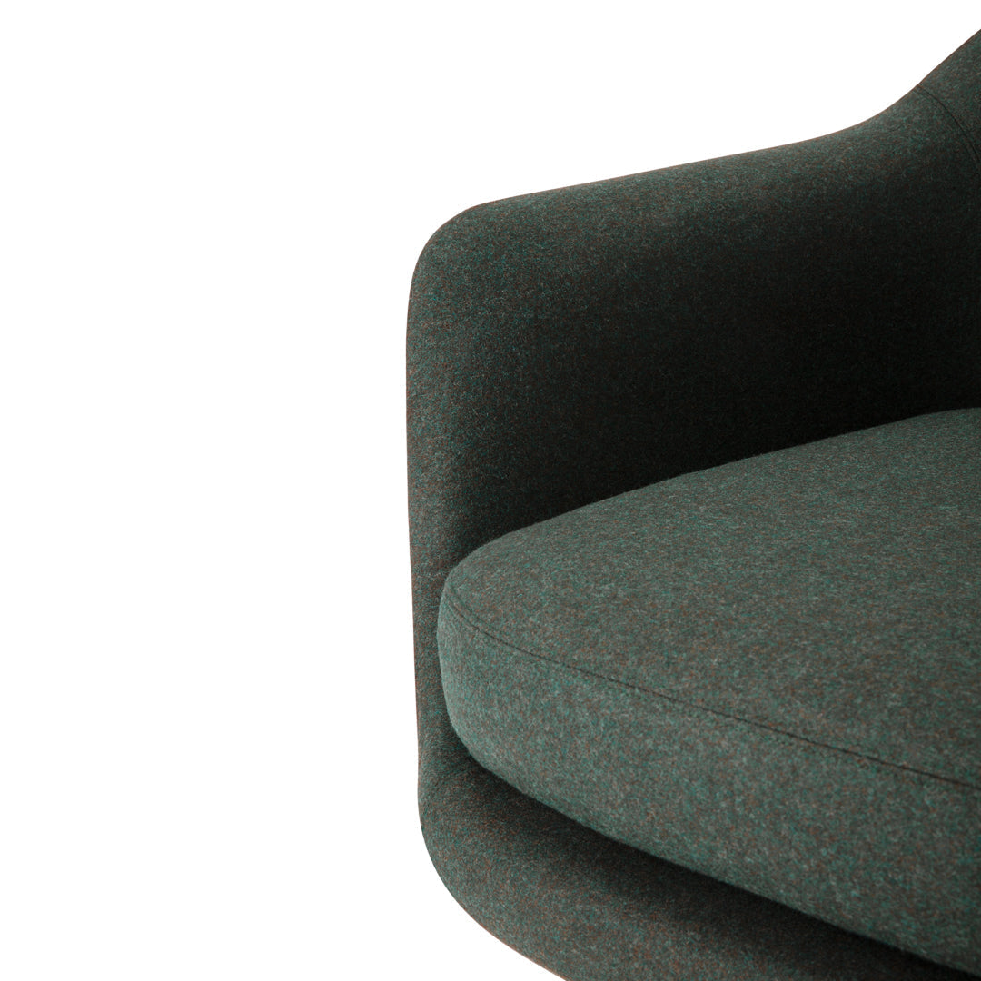 Green textured fabric armchair with subtle flecked pattern and contoured design. Ideal for modern decor.