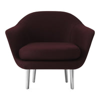 Burgundy plush armchair with a smooth, rounded design and sleek silver legs. Perfect for modern decor.