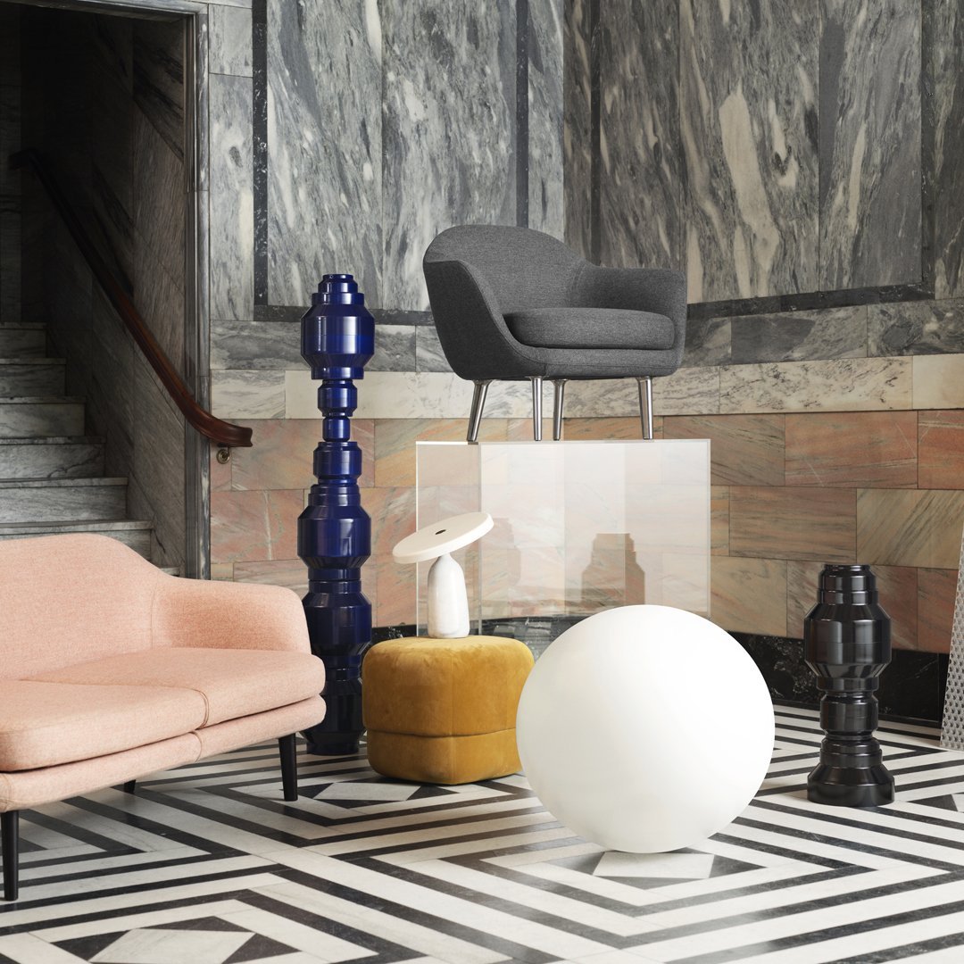 Modern furniture with gray, pink, yellow, and blue tones on a black and white geometric floor pattern.