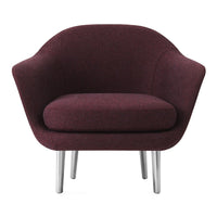 Burgundy upholstered armchair with a smooth texture and sleek silver legs, featuring a modern, minimalist design.