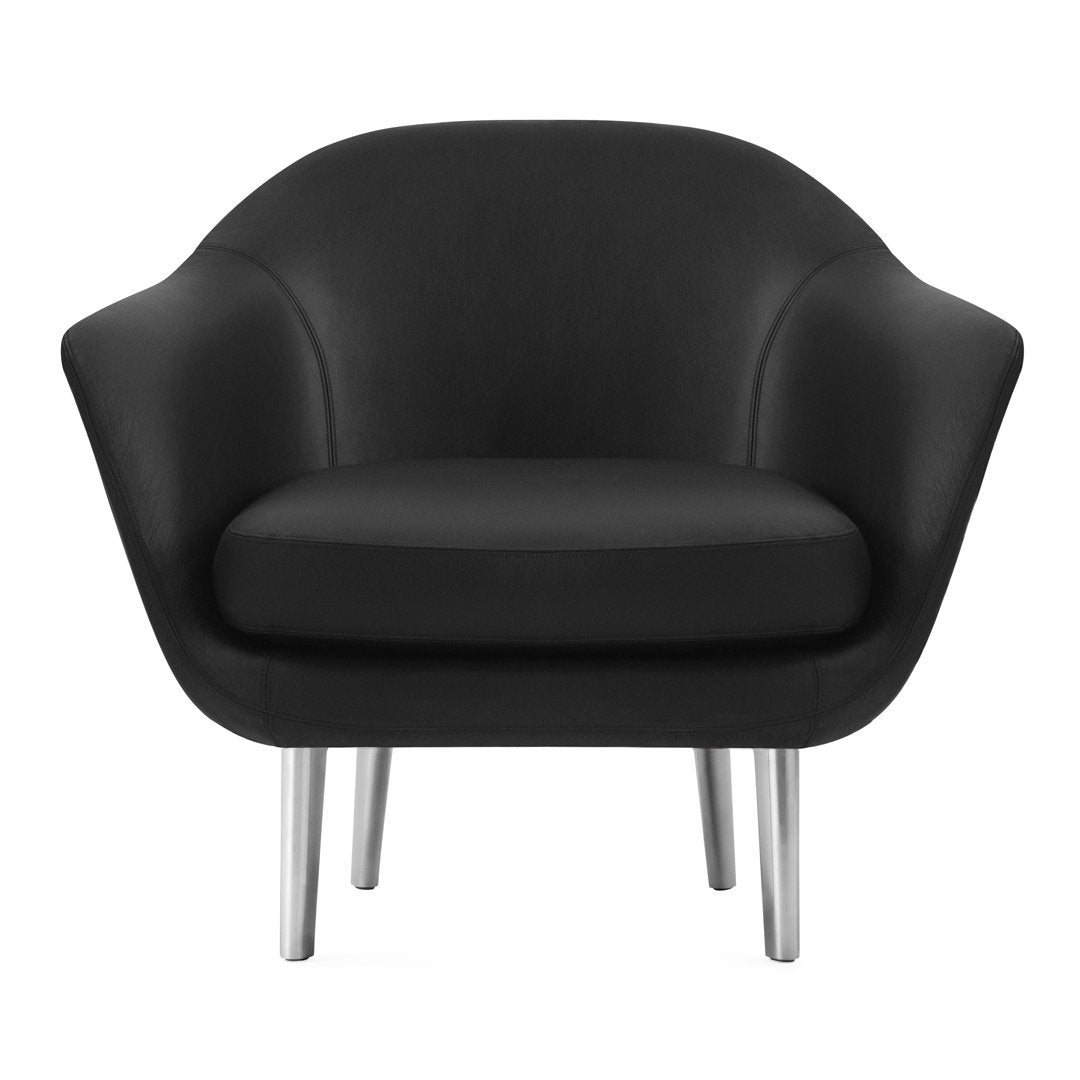 Black upholstered armchair with a sleek, modern design and silver metallic legs.