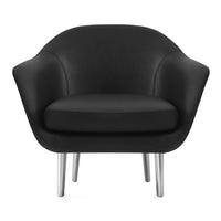Black upholstered armchair with a sleek, modern design and silver metallic legs.