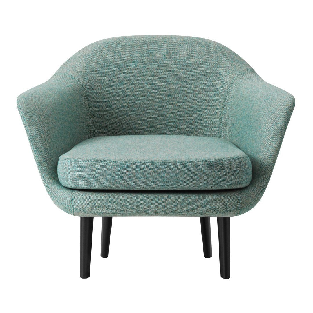 Light teal armchair with soft texture and subtle pattern, featuring black legs for a modern look.