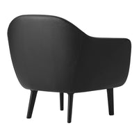 Black upholstered chair with smooth, minimalist design and tapered legs, showcasing a sleek, modern aesthetic.