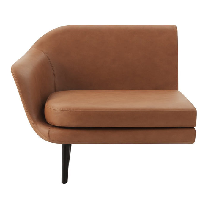 Tan leather corner sofa with smooth, modern lines and sleek black legs. Perfect for minimalist decor.