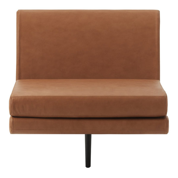 Brown upholstered loveseat with a sleek, minimalist design and black tapered legs, perfect for modern decor.