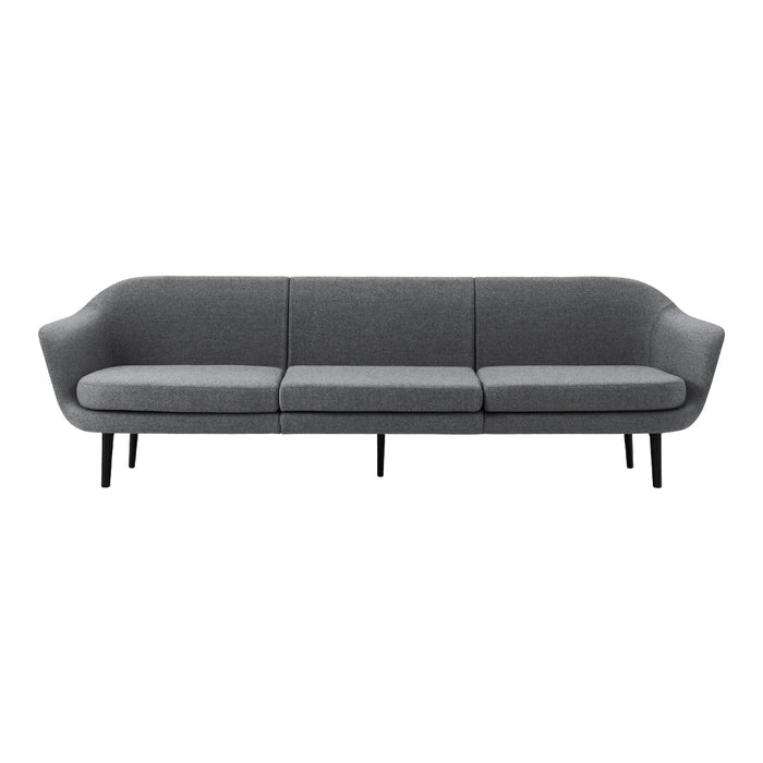 Stylish gray sofa with a sleek, modern design and subtle textured pattern, featuring curved arms and black legs.