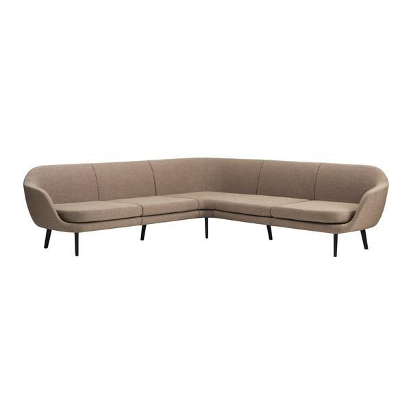 L-shaped sofa in soft beige fabric with a smooth, minimalist design and sleek black legs.