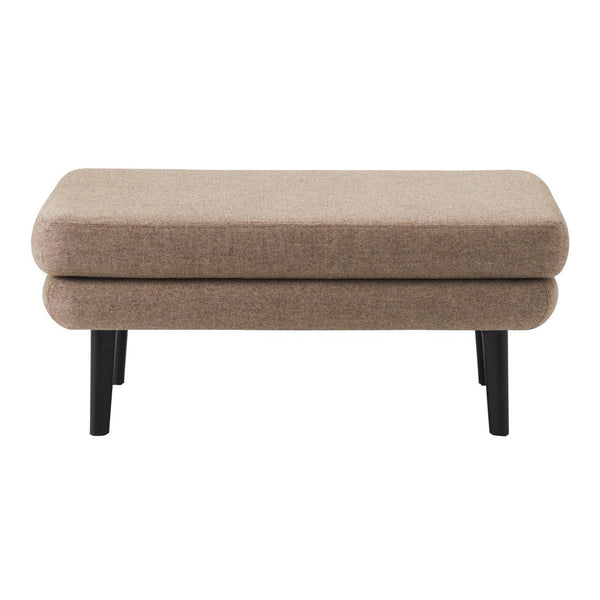 Olive green fabric ottoman with a smooth texture and black wooden legs, perfect for modern decor.
