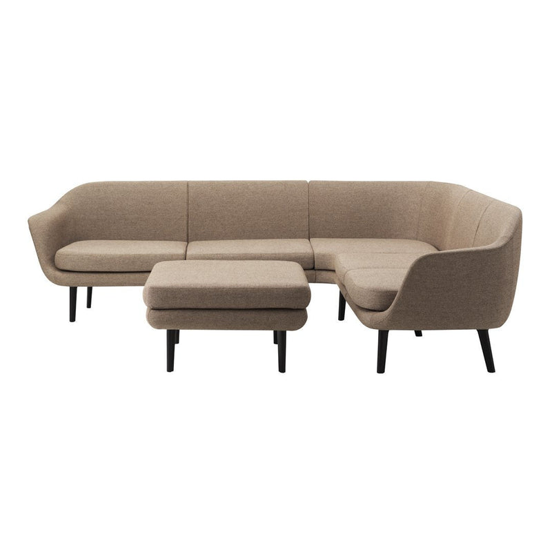 Beige sectional sofa with sleek lines and a matching ottoman, featuring a minimalist, textured fabric design.