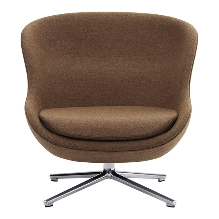 Brown upholstered chair with a smooth, modern design and a shiny chrome base. Ideal for contemporary spaces.
