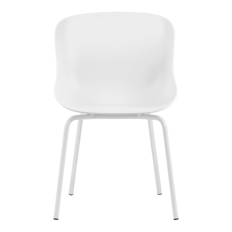 White modern chair with a sleek, minimalist design and smooth, curved contours. Perfect for contemporary spaces.