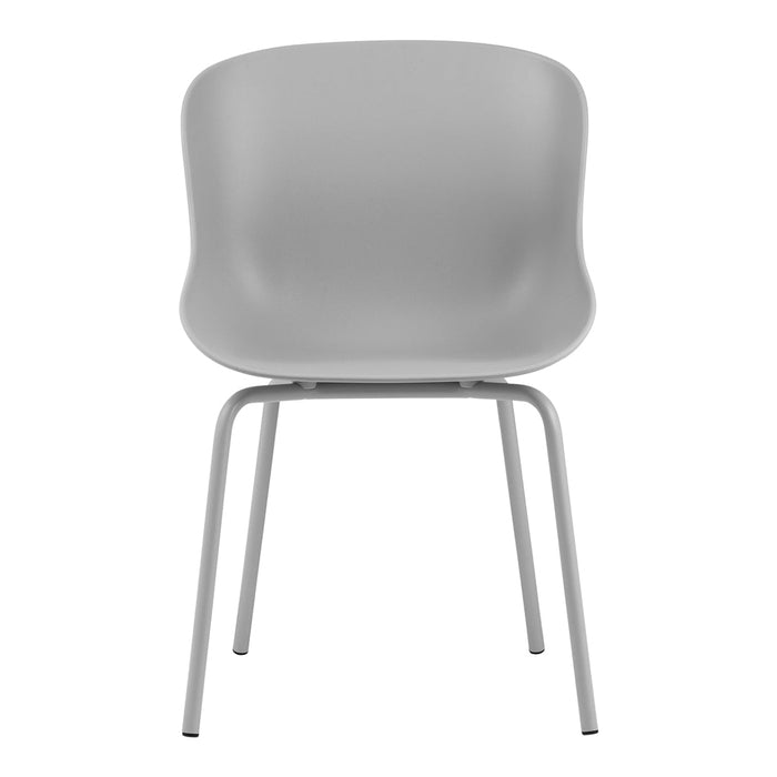 Gray molded chair with a smooth surface and minimalistic design, featuring silver metal legs. Modern and versatile style.
