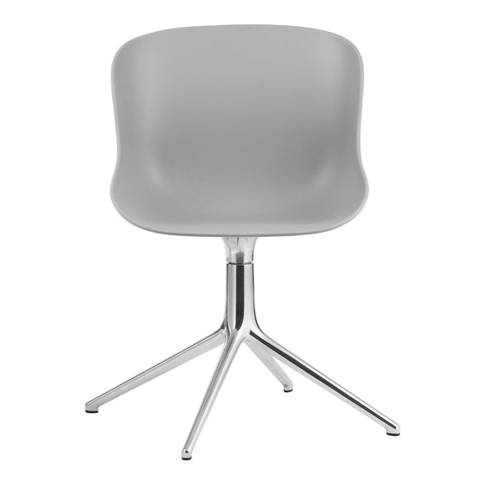 Modern grey chair with a smooth finish and a shiny chrome base, perfect for contemporary spaces.