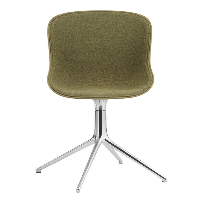 Olive green fabric chair with a sleek chrome base, featuring a smooth, modern design. Perfect for contemporary interiors.