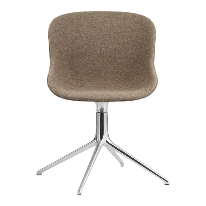 Modern taupe armchair with a smooth fabric finish and sleek chrome base, perfect for stylish interiors.