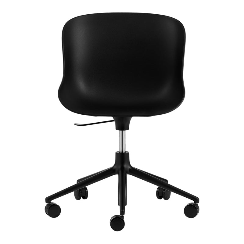 Black ergonomic office chair with a smooth, minimalist design and five rolling wheels. Ideal for modern workspaces.