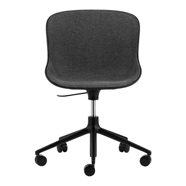 Gray upholstered office chair with a sleek design and black rolling base. Ideal for modern workspaces.