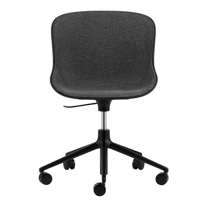 Gray upholstered office chair with a sleek design and black rolling base. Ideal for modern workspaces.