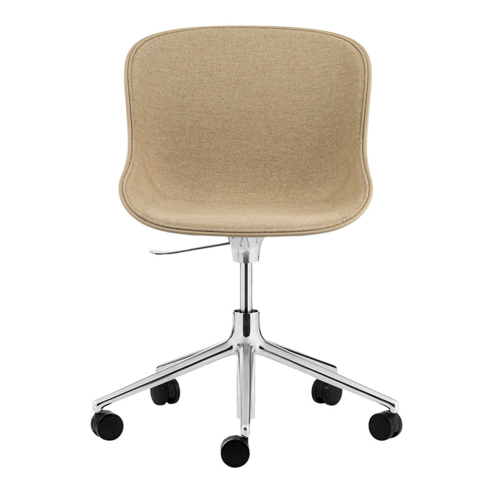 Beige fabric office chair with a smooth finish and chrome base, featuring a minimalist, modern design.