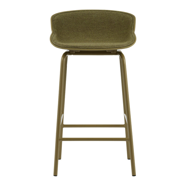 Olive green bar stool with smooth, minimalist design and sleek metal legs.
