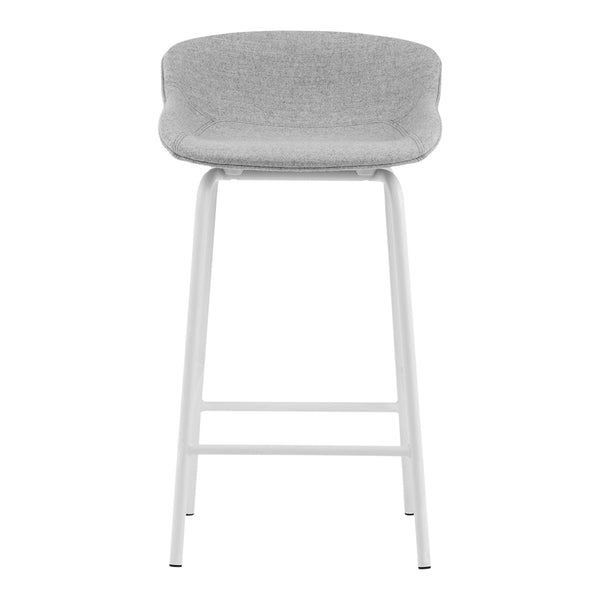 Gray upholstered bar stool with a smooth texture and sleek white metal legs. Ideal for modern decor.