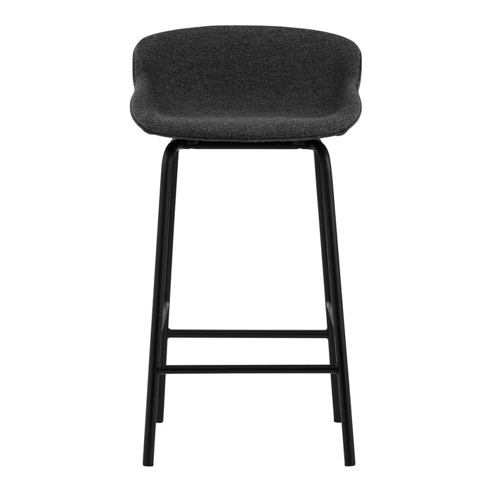 Modern black bar stool with a sleek dark gray upholstered seat and minimalist metal legs.