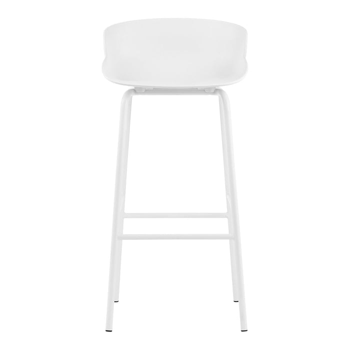 White bar stool with a smooth, minimalist design and sleek metal legs, perfect for modern decor.