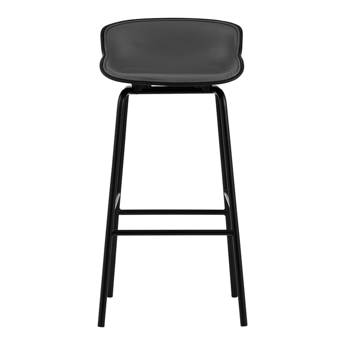 Black modern bar stool with a sleek design and smooth gray seat cushion. Ideal for contemporary interiors.