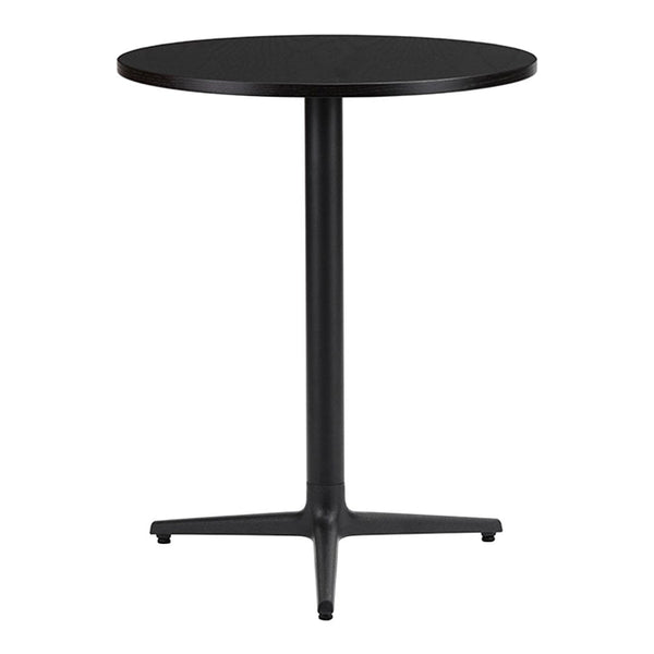 Black round table with a sleek, minimalist design and a smooth finish, featuring a simple, modern base.