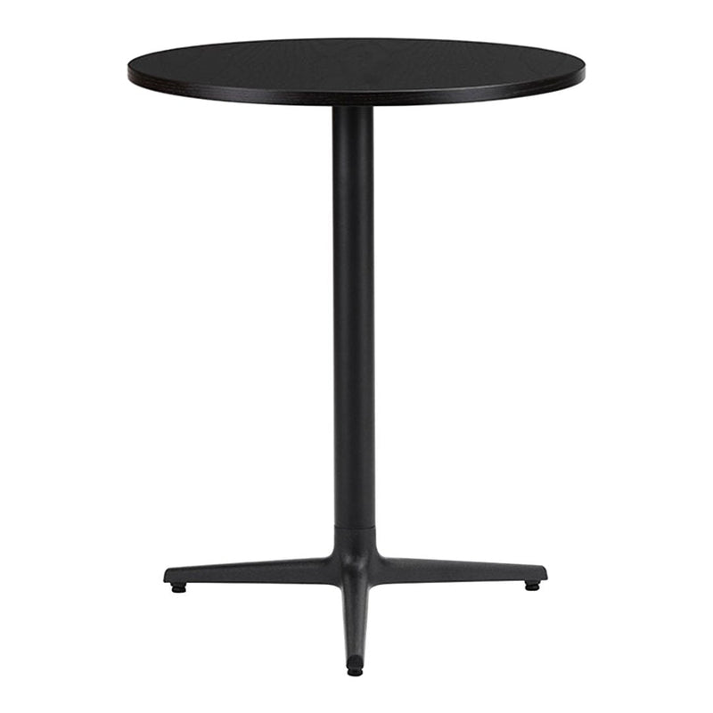 Black round table with a sleek, minimalist design and a smooth finish, featuring a simple, modern base.