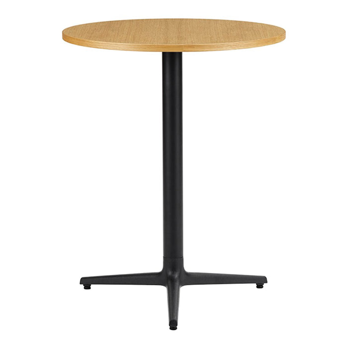 Round wooden tabletop in natural oak finish with a sleek black metal base. Modern design with minimalistic style.