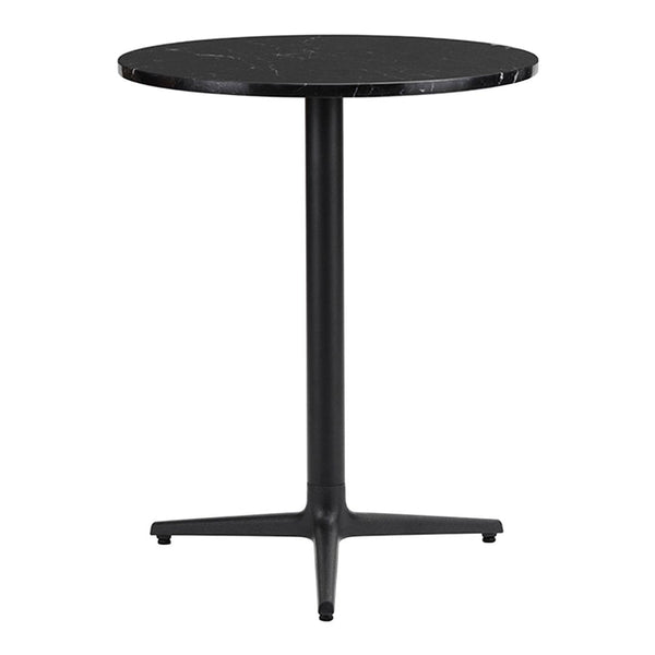 Black round table with a sleek marble finish and a minimalist black base, perfect for modern decor.