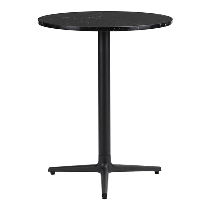 Black round table with a sleek marble finish and a minimalist black base, perfect for modern decor.